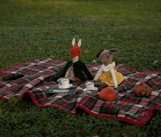 Toys on a picnic blanket