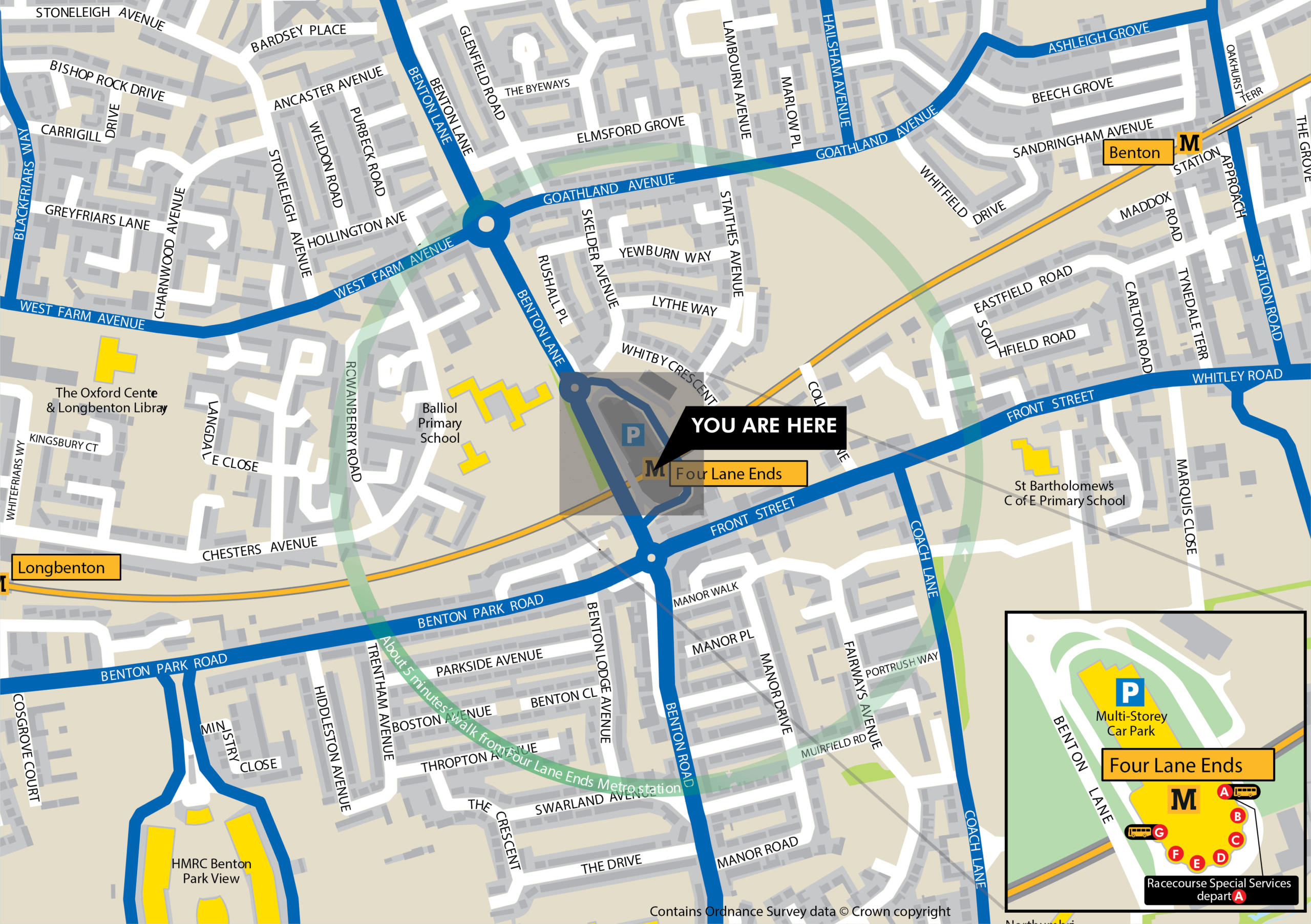 Four Lane Ends station area map