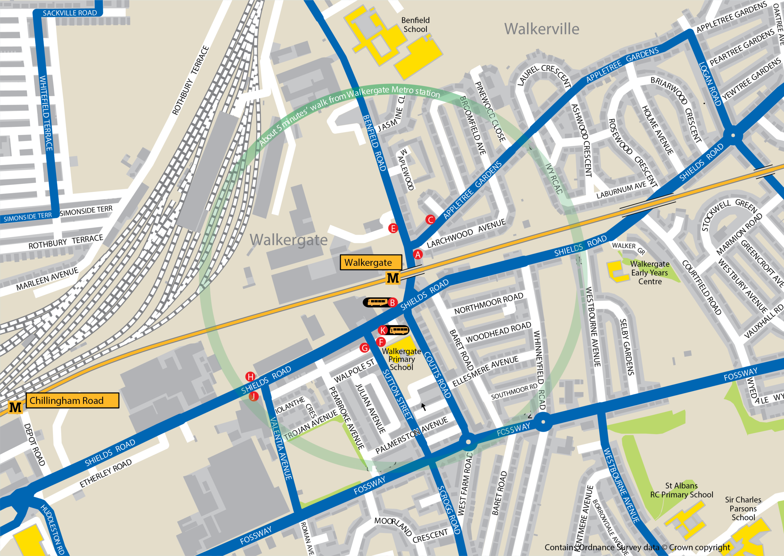 Walkergate station area map