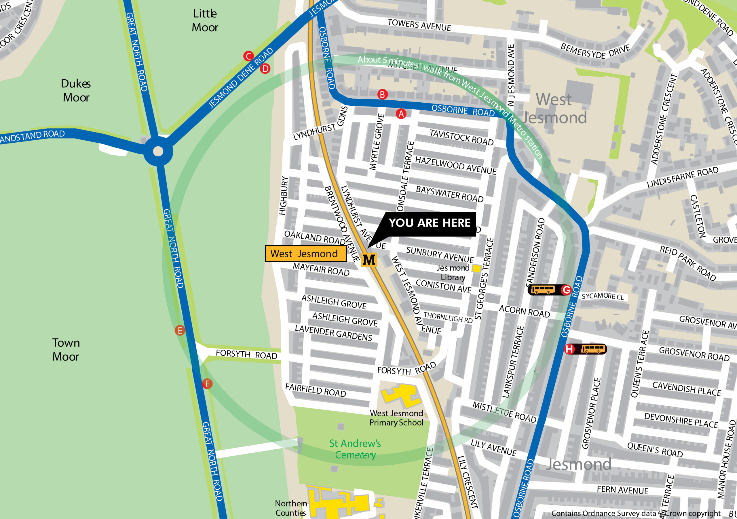 West Jesmond station area map