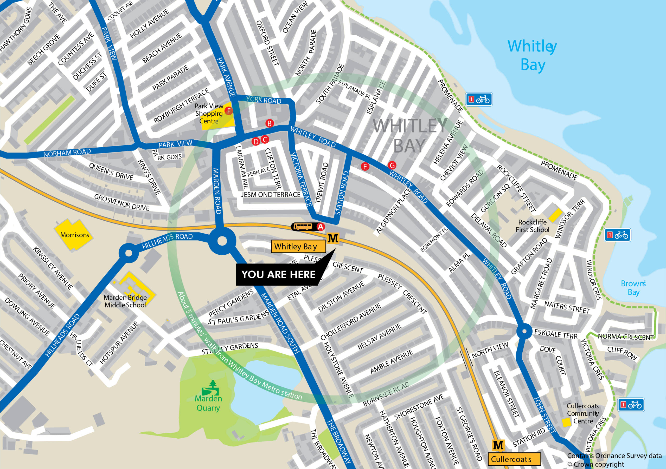 Whitley Bay station area map